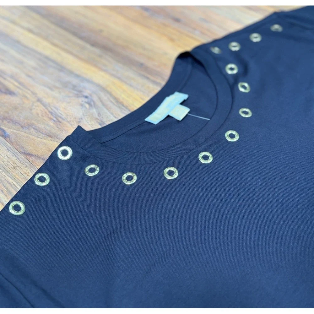 MICHAEL Michael Kors Black Gold Grommet Short Sleeve Top Women L NWT